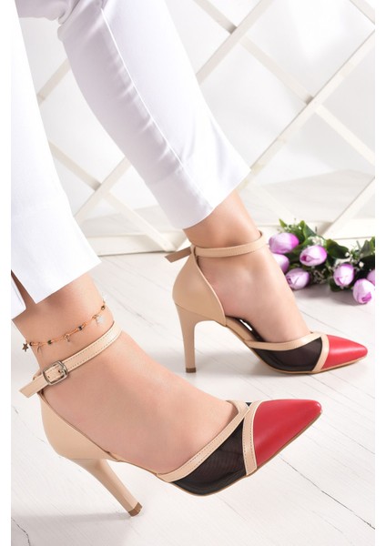 Liana Ten Kırmızı Vegan Fileli Sivri Burun Klasik İnce Topuklu Ayakkabı fiyatları