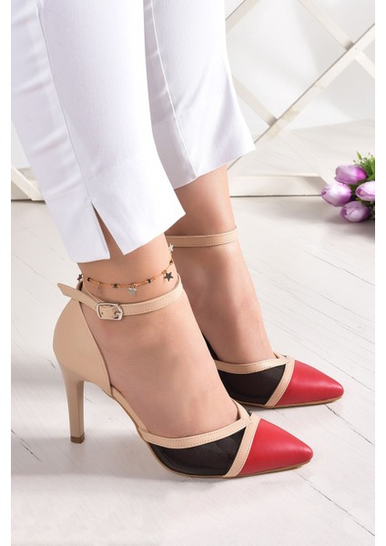Liana Ten Kırmızı Vegan Fileli Sivri Burun Klasik İnce Topuklu Ayakkabı modelleri