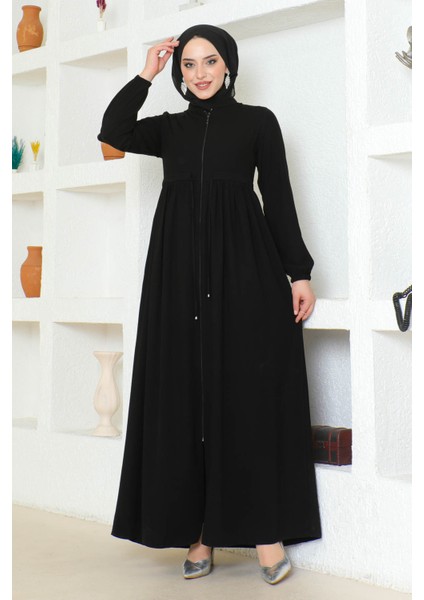 Siyah Büzgülü Kol Lastikli Ferace