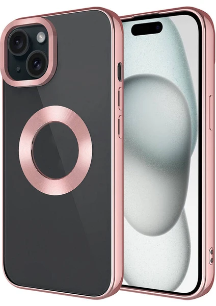 Hitit Cep Apple iPhone 15 Uyumlu Tek Kamera Çerçeveli Logo Gösteren Omega Kapak-Rose Gold