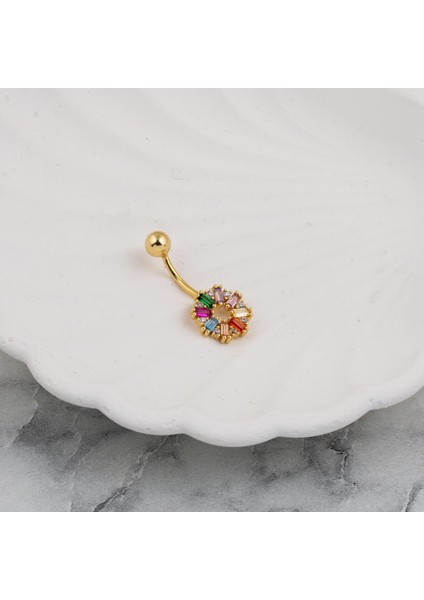 14 Ayar Renkli Taşlı Altın Göbek Piercing modelleri