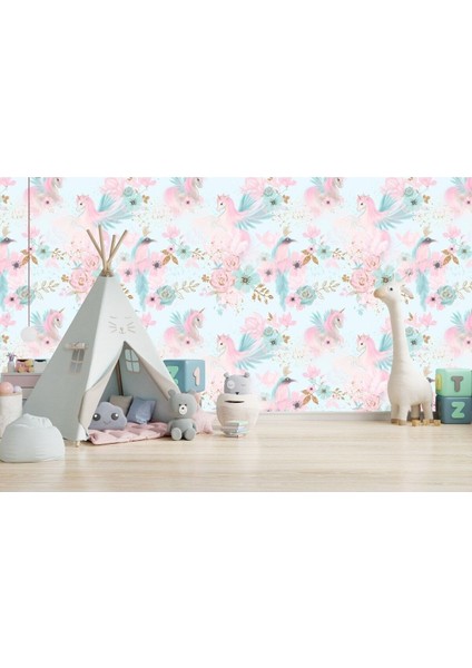 Unicorn Çiçek Desen Çocuk Odası Duvar Kağıdı