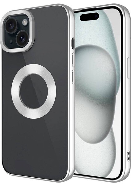 Apple iPhone 15 Plus Uyumlu Tek Kamera Çerçeveli Logo Gösteren Omega Kapak-Gümüş