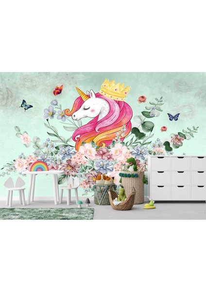 Çiçekler Kelebekler Desen Unicorn Çocuk Odası Duvar Kağıdı