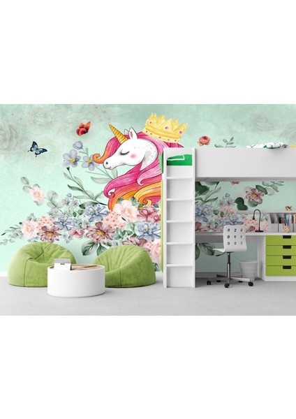 Çiçekler Kelebekler Desen Unicorn Çocuk Odası Duvar Kağıdı