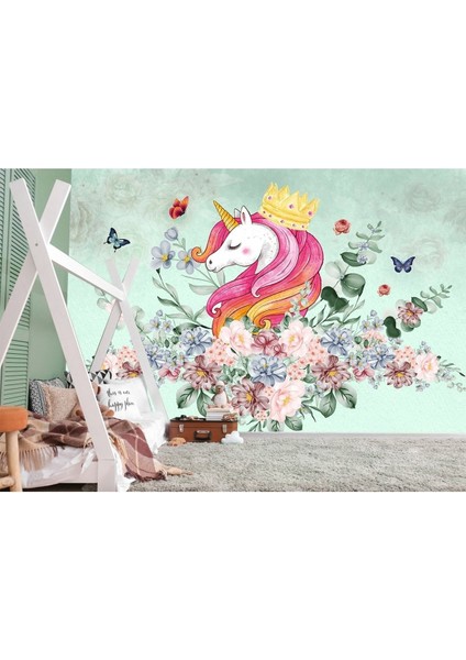 Çiçekler Kelebekler Desen Unicorn Çocuk Odası Duvar Kağıdı