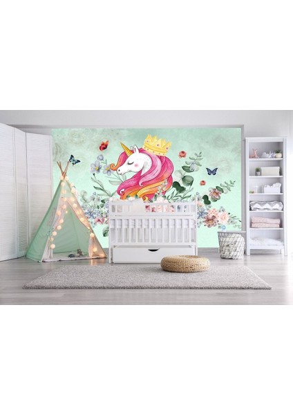 Çiçekler Kelebekler Desen Unicorn Çocuk Odası Duvar Kağıdı