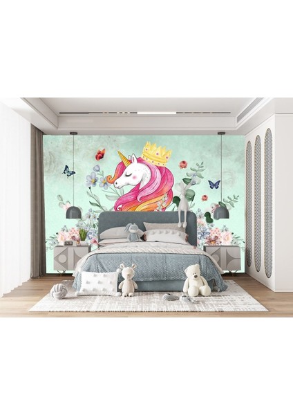 Çiçekler Kelebekler Desen Unicorn Çocuk Odası Duvar Kağıdı
