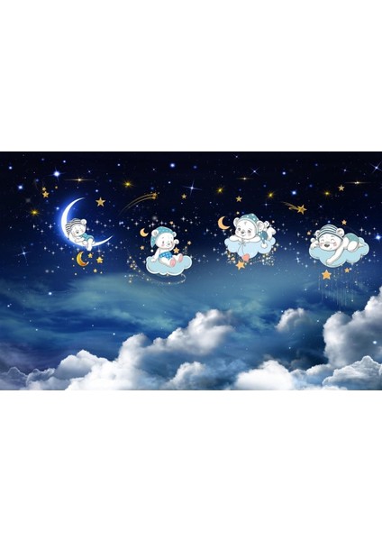 Gece Ay Yıldız Bulut Sevimli Aycıklar Duvar Kağıdı