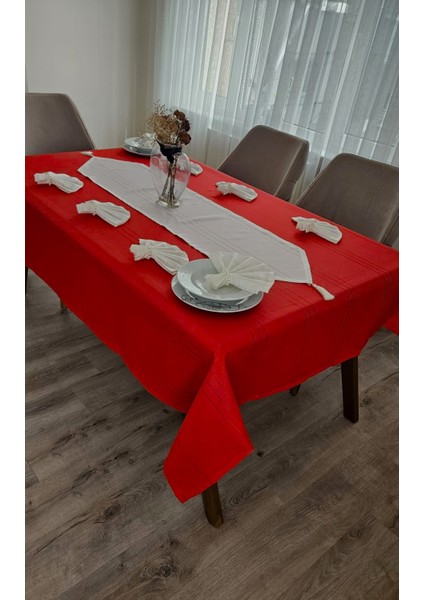 Colber Çizgi Detaylı Masa Örtüsü (Kırmızı-Krem) 8 Kişilik 18 Parça - Masa 160X180...160X350
