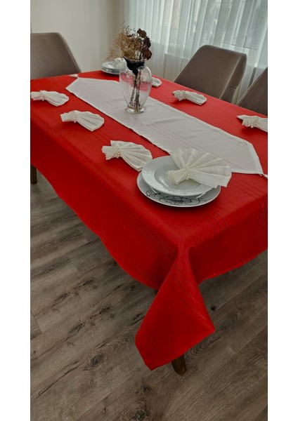 Colber Çizgi Detaylı Masa Örtüsü (Kırmızı-Krem) 8 Kişilik 18 Parça - Masa 160X180...160X350 fiyatları