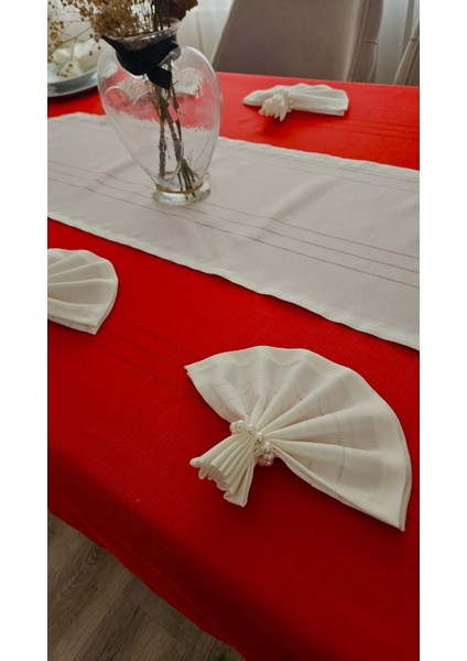 Colber Çizgi Detaylı Masa Örtüsü (Kırmızı-Krem) 8 Kişilik 18 Parça - Masa 160X180...160X350 modelleri