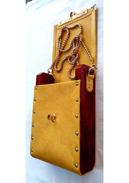 Deri Ve Ahşap Askılı Omuz Çantası Boy 20 Cm En 14 Cm