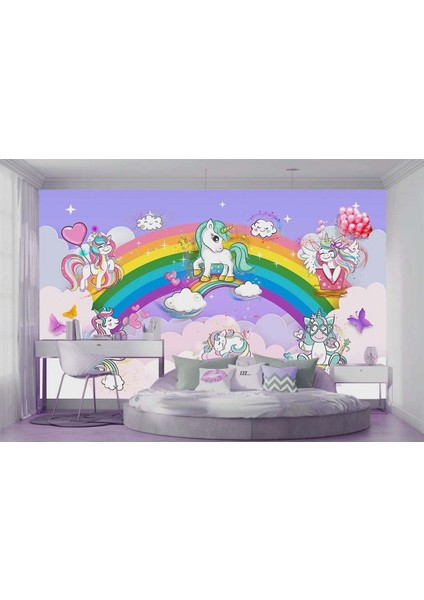 Gökkuşağı Sevimli Unicornlar Desen Çocuk Duvar Kağıdı