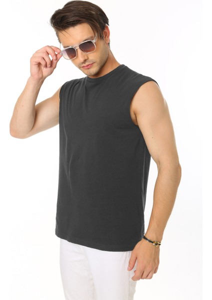 Erkek Koyu Antrasit Tank Sıfır Kol Pamuk T-Shirt