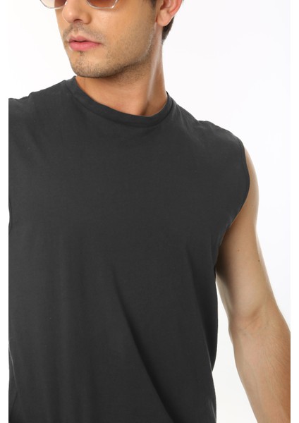 Erkek Koyu Antrasit Tank Sıfır Kol Pamuk T-Shirt