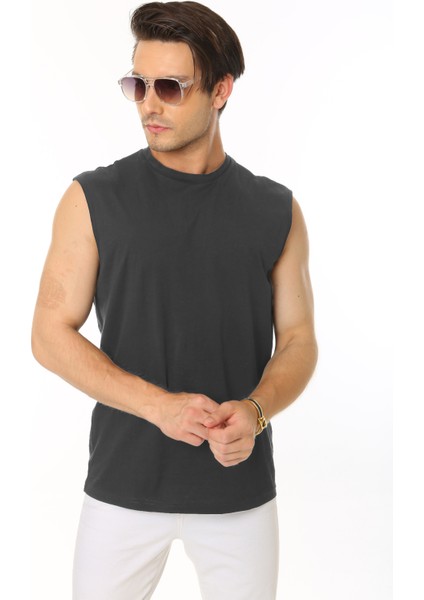 Erkek Koyu Antrasit Tank Sıfır Kol Pamuk T-Shirt