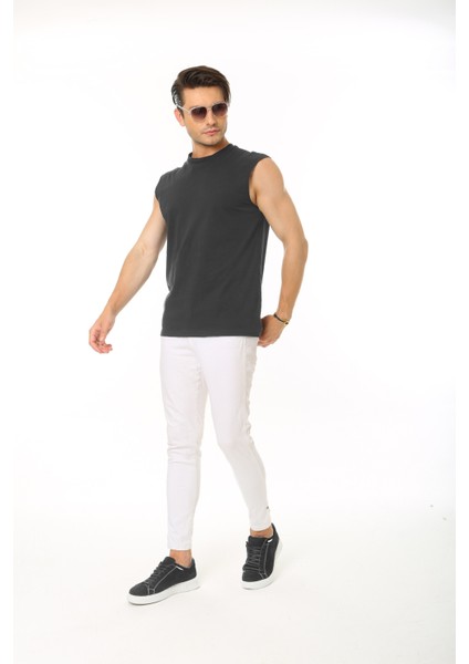 Erkek Koyu Antrasit Tank Sıfır Kol Pamuk T-Shirt