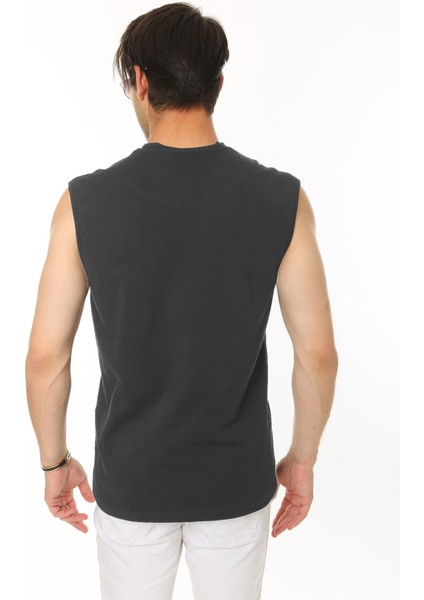 Erkek Koyu Antrasit Tank Sıfır Kol Pamuk T-Shirt
