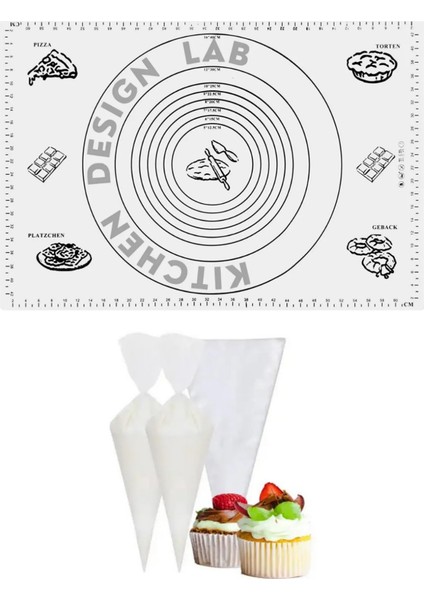 2'Li Set Beyaz 45 X 65 Cm Silikon Hamur Açma Matı Ve Kullan At Krema Torbası