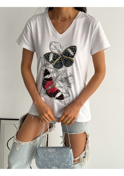 Kadın Yeni Sezon %100 Pamuk Kelebekler Desenli Işlemeli T-Shirt modelleri
