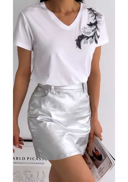 Kadın Yeni Sezon %100 Pamuk Yaprak Desenli Işlemeli T-Shirt modelleri
