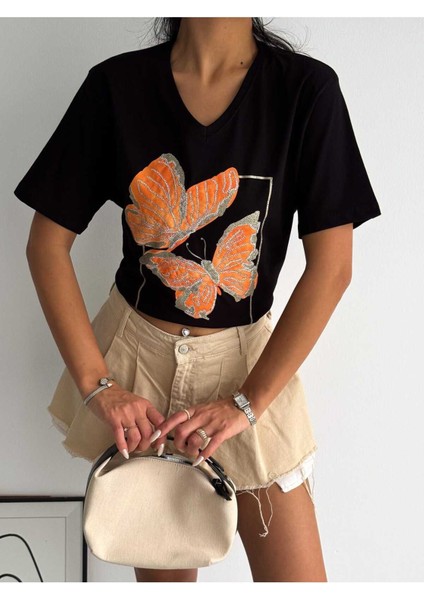 Kadın Büyük Beden Yeni Sezon %100 Pamuk Turuncu Kelebek Işlemeli Nakışlı T-Shirt fiyatları