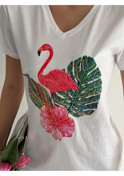 Kadın Yeni Sezon %100 Pamuk Flamingo Yaprak Desenli Işlemeli T-Shirt