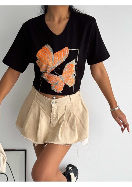 Kadın Büyük Beden Yeni Sezon %100 Pamuk Turuncu Kelebek Işlemeli Nakışlı T-Shirt fırsatları