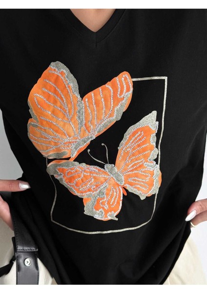 Kadın Büyük Beden Yeni Sezon %100 Pamuk Turuncu Kelebek Işlemeli Nakışlı T-Shirt indirimleri