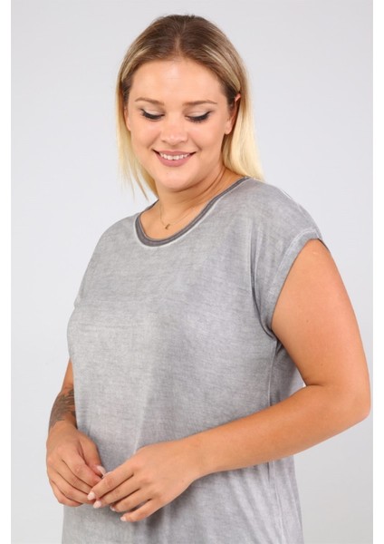 Etek Ucu Şifon Yağ Yıkamalı Tshirt-Acık Gri