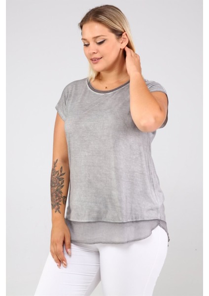 Etek Ucu Şifon Yağ Yıkamalı Tshirt-Acık Gri modelleri