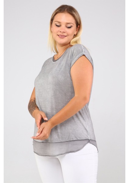Etek Ucu Şifon Yağ Yıkamalı Tshirt-Acık Gri fırsatları