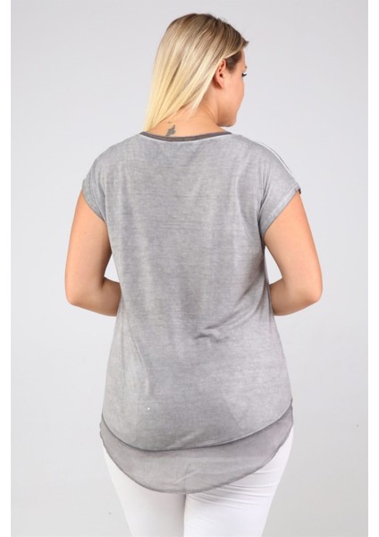 Etek Ucu Şifon Yağ Yıkamalı Tshirt-Acık Gri indirimleri