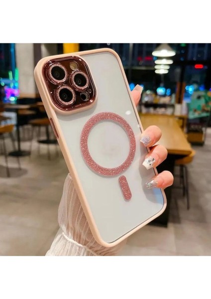 Apple Iphone 15 Pro Kamera Lens Korumalı Magsafe Shine Parıltı Kılıf + Hayalet Cam Koruma Hediye