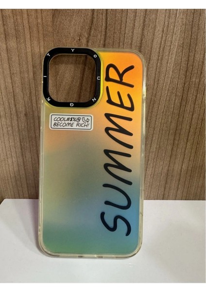 Iphone 14 Pro Summer Siyah Lens Çerçeve 3D Renk Değiştiren Desenli Hologram Creative Kılıf