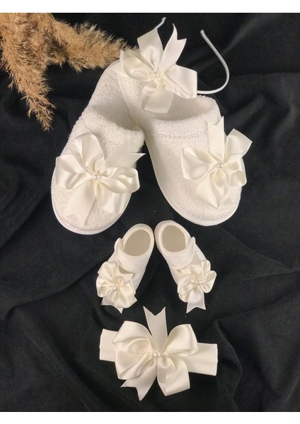 Fiyonklu Krem Lohusa Terlik Taç 4 Lü Set