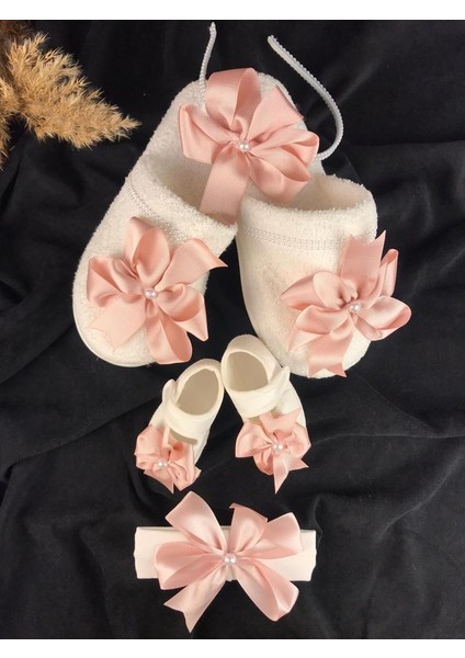 Fiyonklu Krem Lohusa Terlik Taç 4 Lü Set