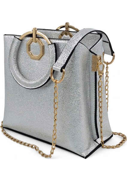Gümüş Rengi Halka Kulplu Zincirli El ve Omuz Kadın Çantası