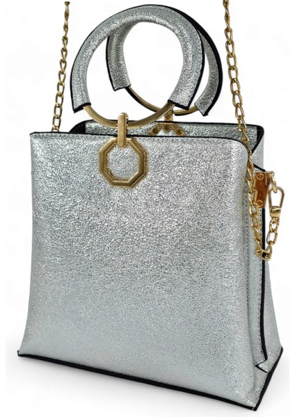 Gümüş Rengi Halka Kulplu Zincirli El ve Omuz Kadın Çantası fiyatları