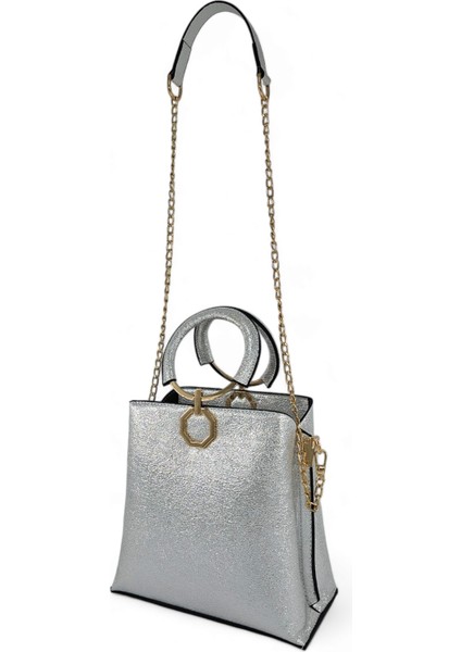 Gümüş Rengi Halka Kulplu Zincirli El ve Omuz Kadın Çantası indirimleri