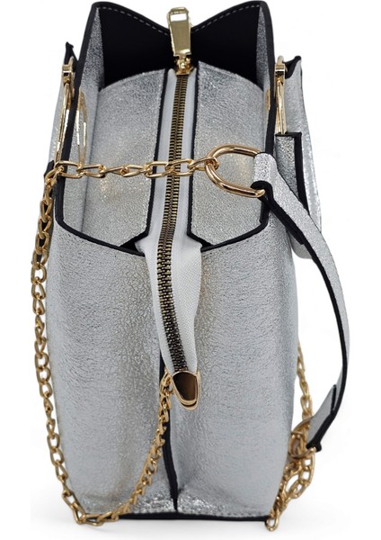 Gümüş Rengi Halka Kulplu Zincirli El ve Omuz Kadın Çantası fırsatları