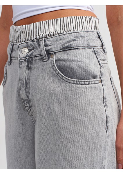 71498 Çizgili Boxer Detaylı Geniş Denim Pantolon-Gri fırsatları