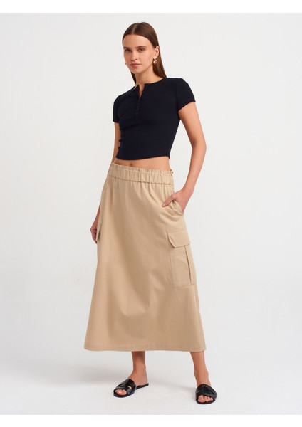 80837 Geniş Elastik Bel Bantlı Etek-Camel