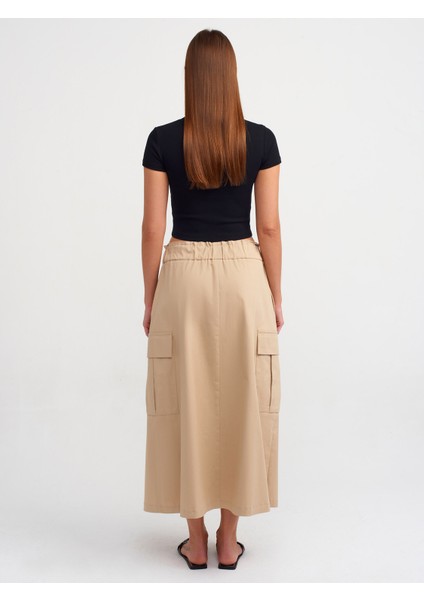 80837 Geniş Elastik Bel Bantlı Etek-Camel fiyatları