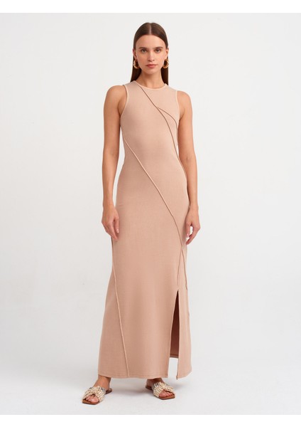 90868 Yıkama Efektli Maxi Elbise-Bej