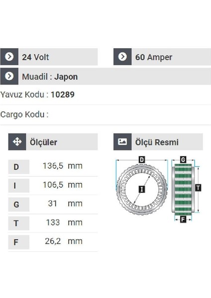 160424 Statör 24V 60A Mitsubishi Fuso Canter 859 Ef Vakumsuz Geniş 10289