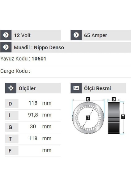 160212 Statör 12V 65A Tip Fiat Doblo Kapaklı
