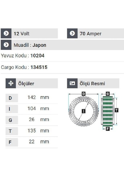 140012 Statör 12V 70A Isuzu Wfr Panelvan Minibüs 93 Model fiyatları