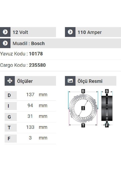 178812 Statör 12V 110A Ford Focus-Connect Fom Serisi Y.m Kulaklı fiyatları